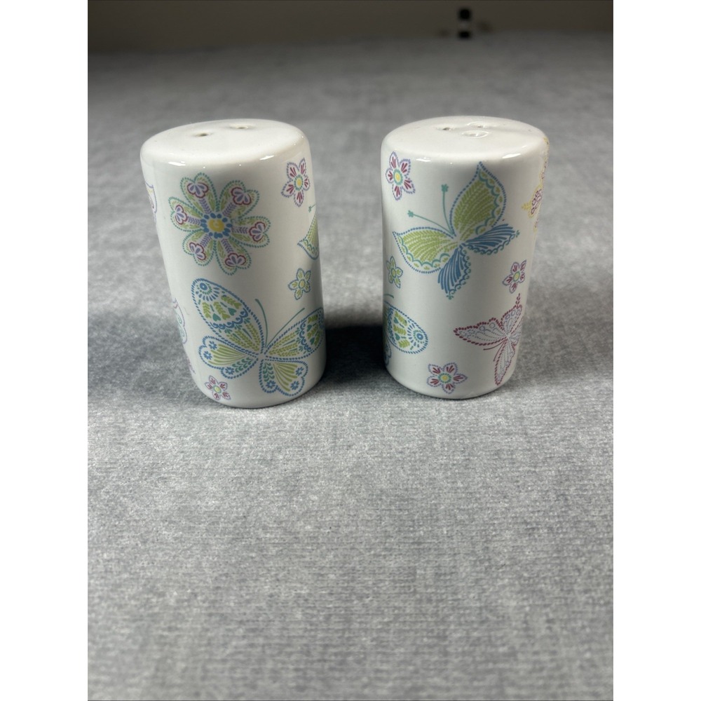 Hand Painted Butterfly Salt And Pepper Shakers Set White Ceramic Whimsical